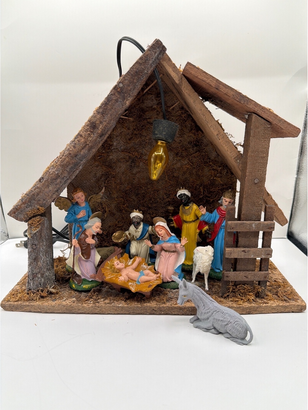 Vintage Italian Nativity Scene Set with Hand-Painted Resin Figures and Wooden